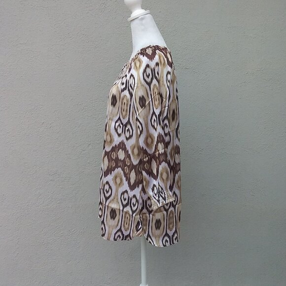 Unbranded Blouse Women's Med Brown Beige White Print Elastic Neckline Preppy - Picture 3 of 6